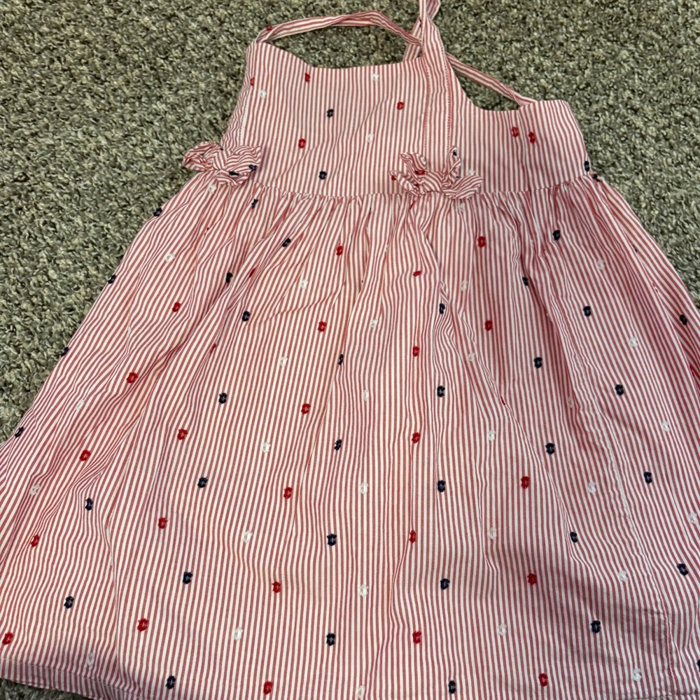 EUC 5T tahari patriotic linen dress with polka dolts and bows